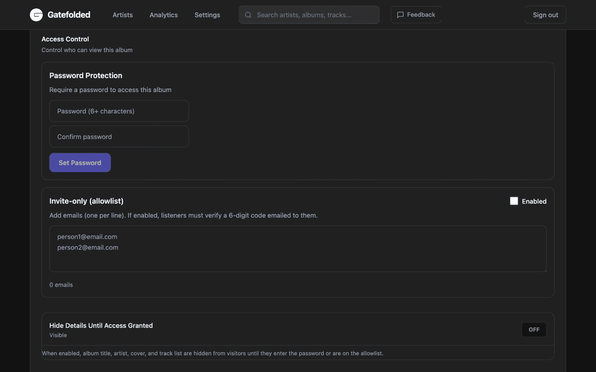 Email allowlist and access control settings