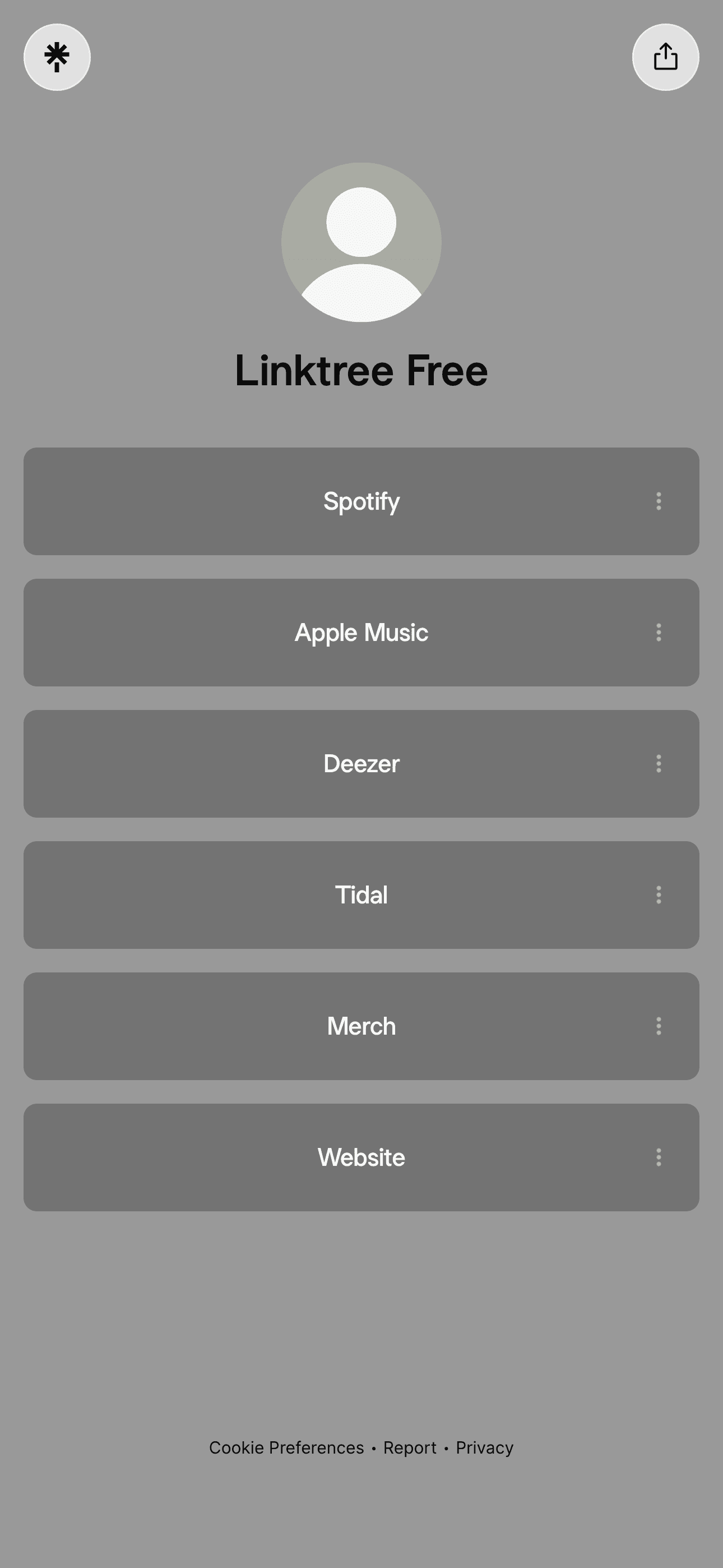 Linktree Free page with a list of links to Spotify, Apple Music, Deezer, Tidal, Merch, and Website