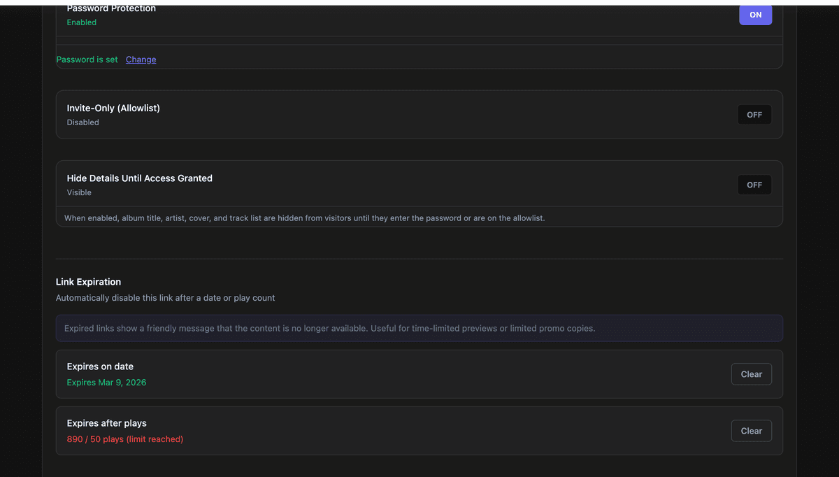 Share settings including expiration controls