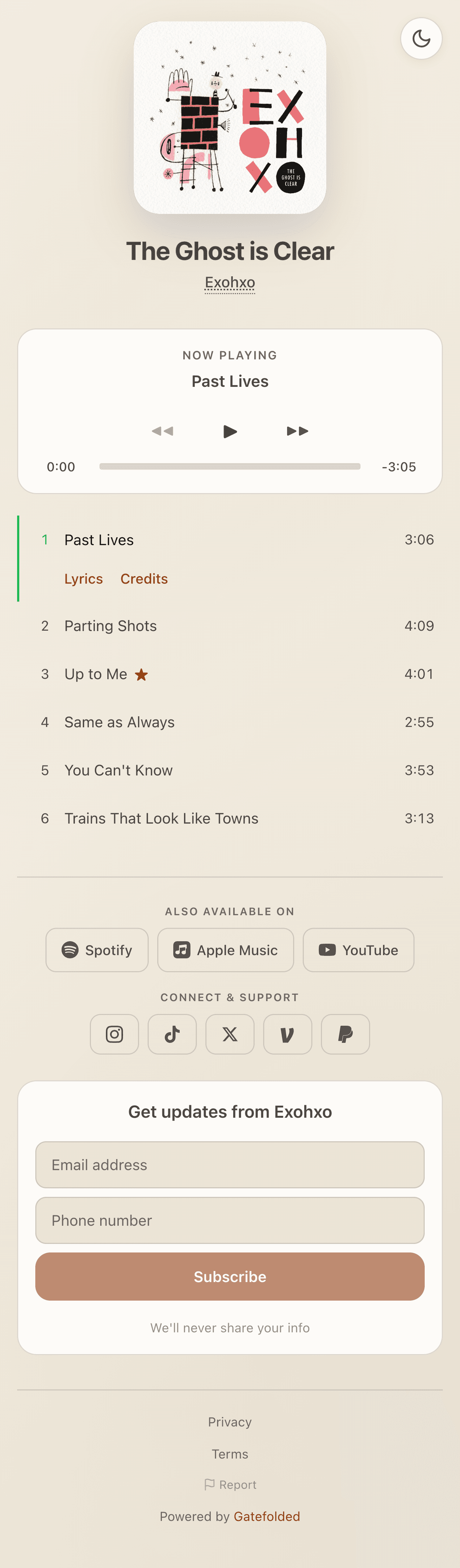 Gatefolded album page showing Last Call for Reason by Local Liars with music player, tracklist, lyrics, credits, and email signup