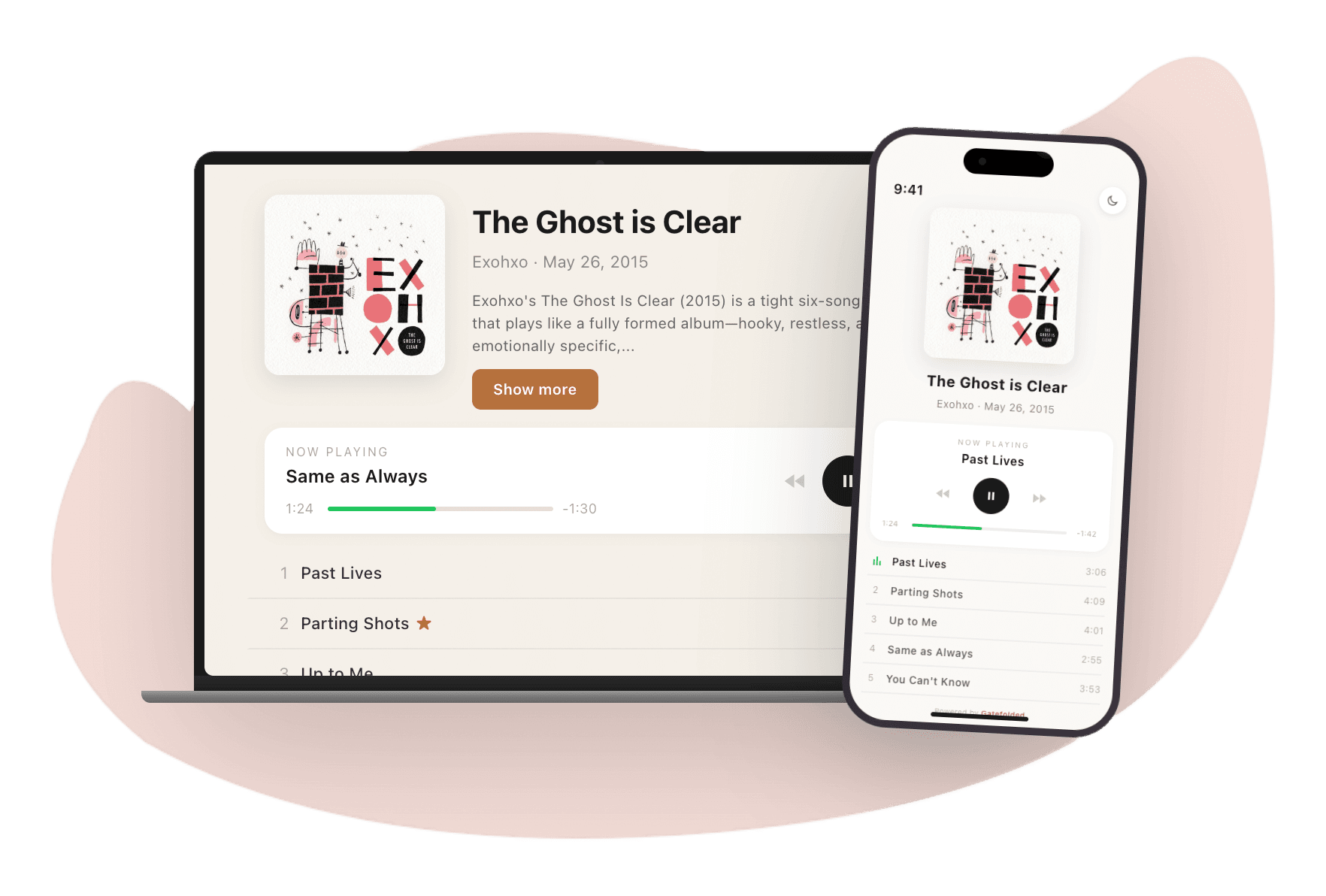 Gatefolded share page showing album artwork, track list, and player on desktop and mobile