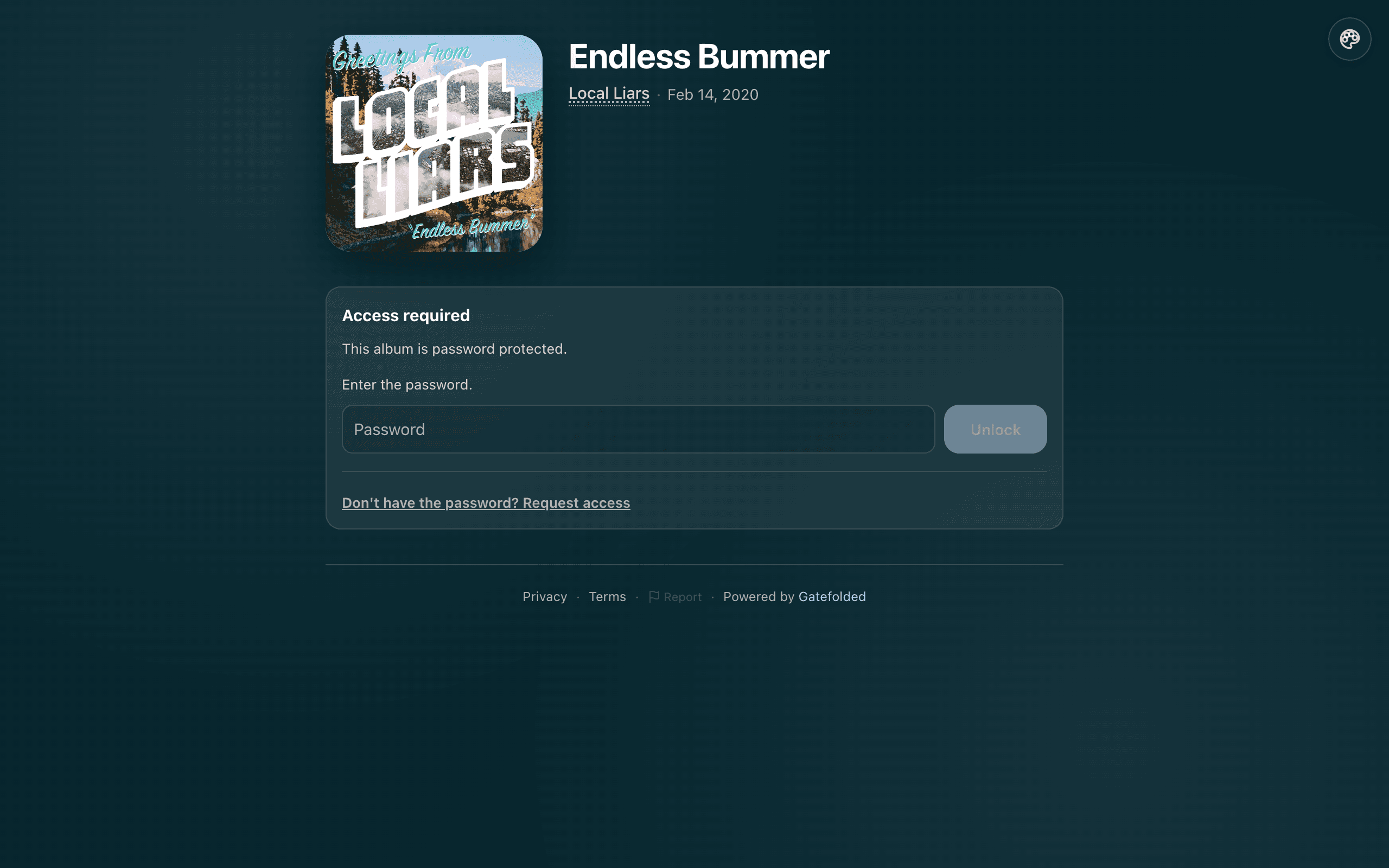 A private Gatefolded demo page: a label streams full tracks with artwork, tracklist, and credits — no download required