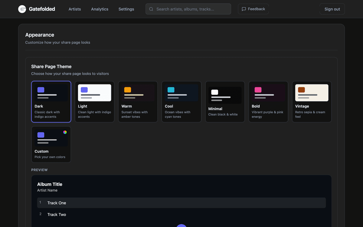 Theme customization with preset and custom options
